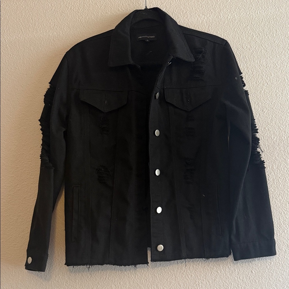 Pretty Little Thing Black Distressed ripped Denim Jacket Size S